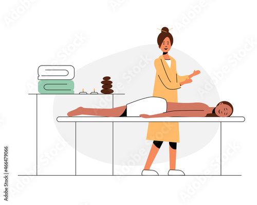 Massage therapists give spa massages. Patients lie on a couch, enjoying a relaxing body treatment. Flat vector illustration.