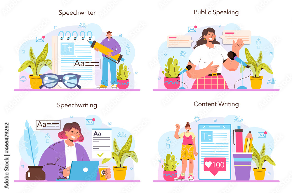Speechwriter concept set. Professional speaker or journalist write a content Speechwriter concept set. Professional speaker or journalist write a content