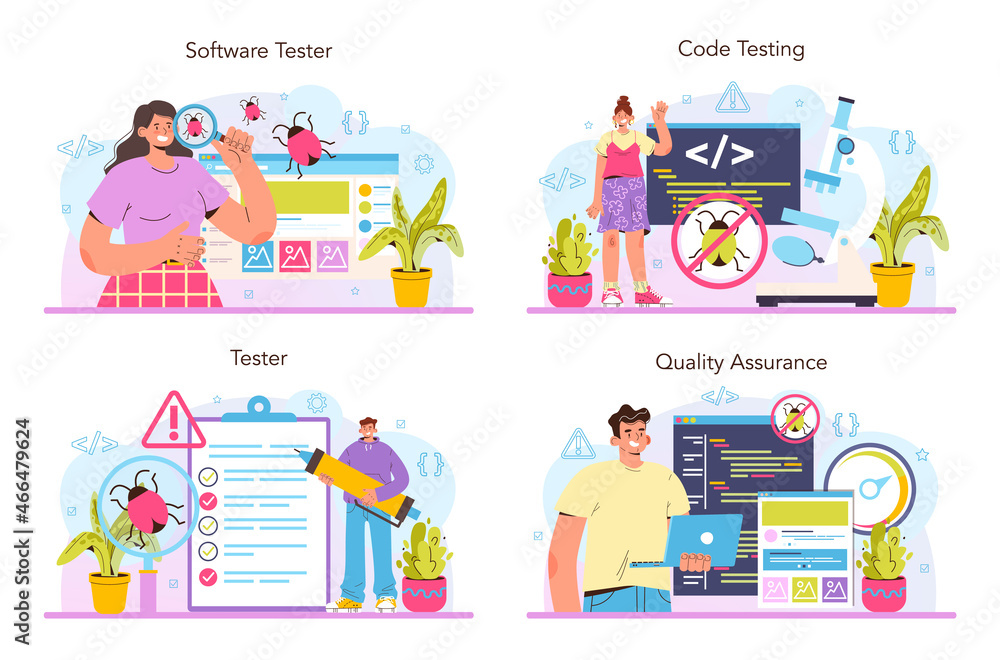 Software tester concept set. Application or website code testing. Software tester concept set. Application or website code testing.