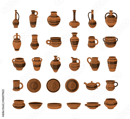 Pottery collection. Realistic clay pots and vases.
