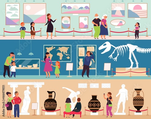 Museum gallery. Cartoon character people, visitors art exhibit. Dinosaur skeleton and sculpture, painting artwork decent vector illustration