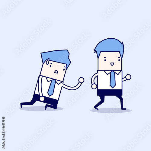 Businessman walks away from coworker crawling on the floor and calling out for help. Cartoon character thin line style vector.