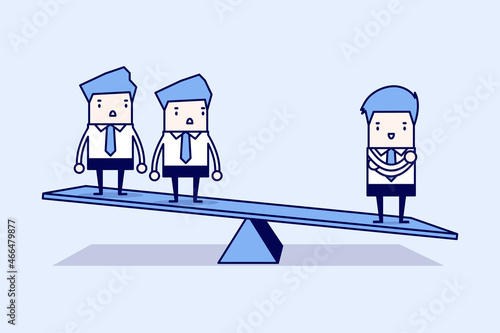 One businessman on one side of weighing scale is heavier than many executives the other side. Cartoon character thin line style vector.