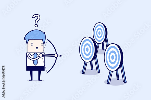 Businessman holding bow and arrow confused by multiple bulls eye target. Cartoon character thin line style vector.
