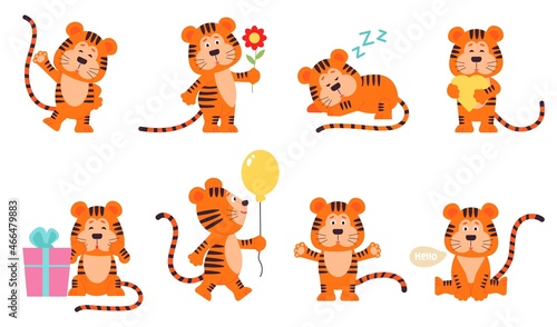 Cartoon tiger. Striping red little tigers, funny children wild characters. Isolated new year emblem celebration, funny animal wit balloon decent vector set