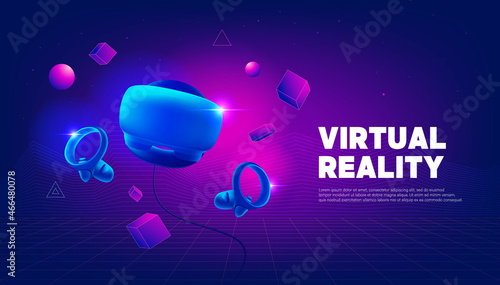 Virtual reality headset and controllers for gaming. VR helmet. Metaverse technology banner template.