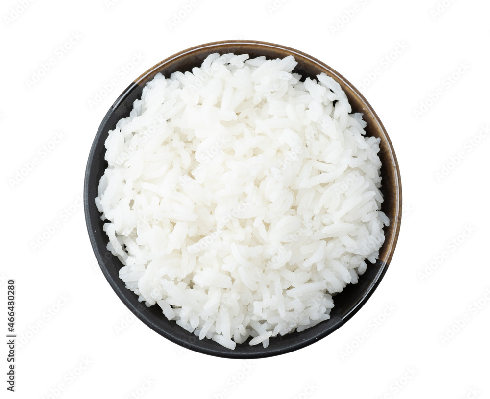 bowl of cooked rice isolated on white background, top view with clipping path. bowl of cooked rice isolated on white background, top view with clipping path.