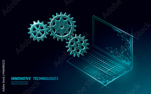 Laptop settings help service low poly. New version software operation system upgrade internet upload. Online information touch screen. Polygonal modern design vector illustration