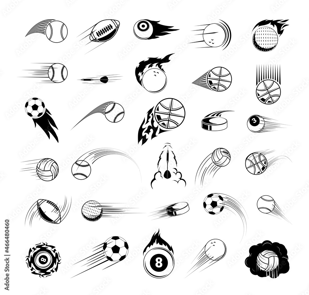 Collection of sports black and white logos. Balls, pucks and darts in flight.