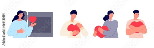 People hide feelings. Disappointment in love, betrayal and loneliness. Heart broken characters. Men women holding hearts, human save self vector concept