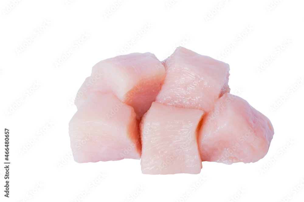 Raw chicken fillet chunks isolated on white background with clipping path Raw chicken fillet chunks isolated on white background with clipping path