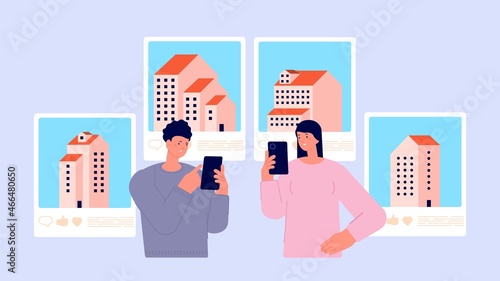 Property find concept. Couple looking house, real estate smartphone online app. Girl and boy rent apartment, young family need flat, vector illustration