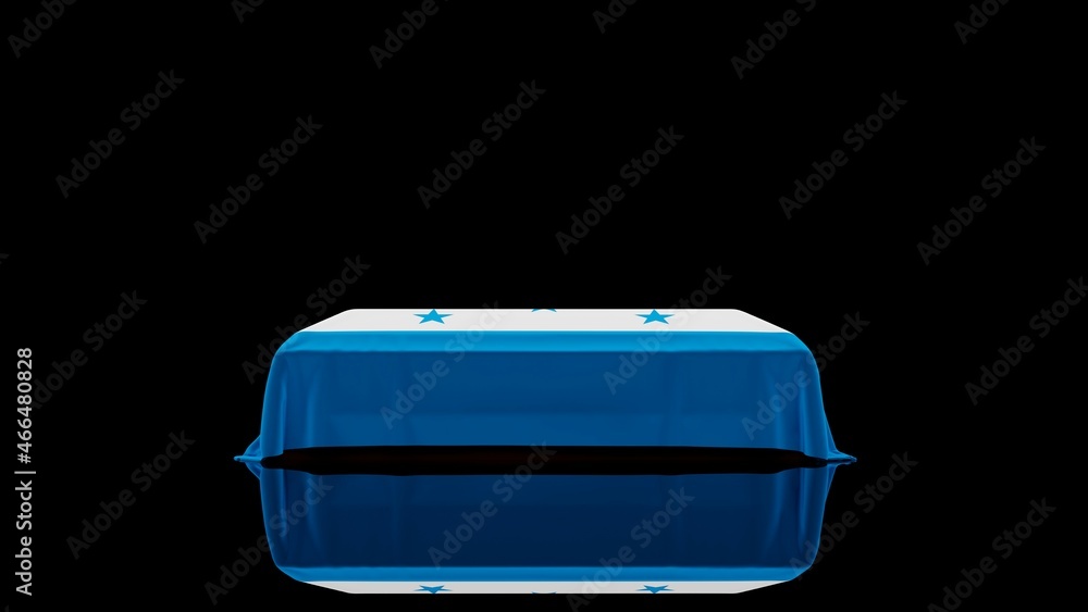 3D rendering of a casket on a Black Background covered with the Country Flag of Honduras