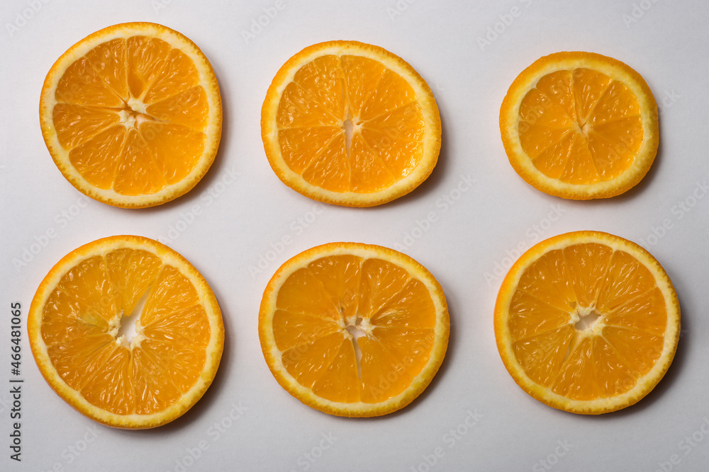 Six orange slices on a white background Six orange slices on a white background