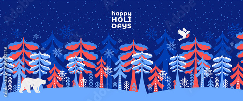 Merry Christmas and Happy New Year greeting card, horizontal poster, holiday cover. Modern Xmas design in blue, red and white colors. Winter landscape with snow fairy forest,  white bear and bullfinch