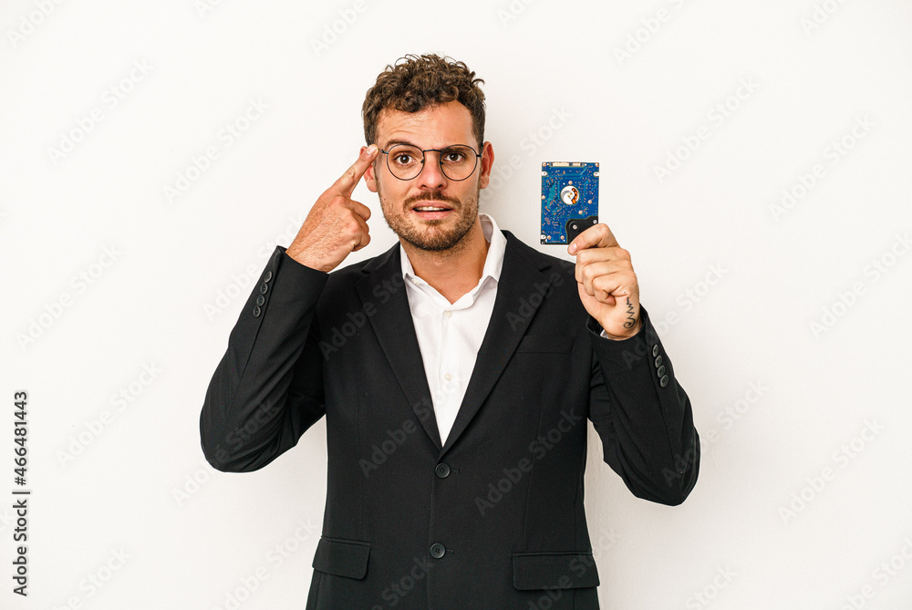Young caucasian computerized holding HDD isolated on white background showing a disappointment gesture with forefinger. Young caucasian computerized holding HDD isolated on white background showing a disappointment gesture with forefinger.