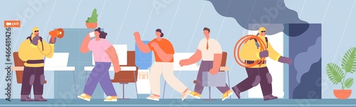 Fire evacuation. Firemen evacuate office people, flame and smoke in building. Emergency training, person running to exit. Life safety utter vector illustration