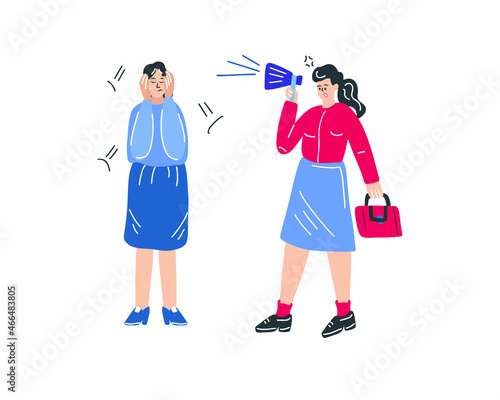 The boss shouts at the subordinate through a megaphone. Office employees. The woman covered her ears. Vector illustration