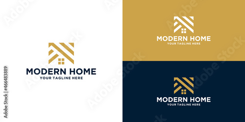 house logo design with lines and windows and business card design