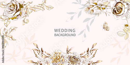 Floral banner arranged from leaves and golden roses.