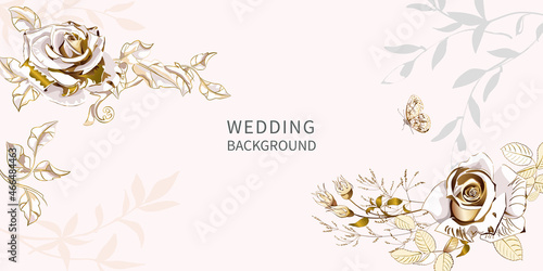 Floral banner arranged from leaves and golden roses.