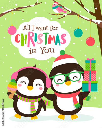 Cute penguins couple with snow background for christmas and new year celebration.