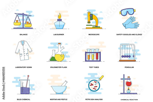 Science web concept stroke flat line icons isolated set. Lab test equipment bundle. Graphic linear symbols collection for website design. Vector conceptual pack outline pictograms for mobile app