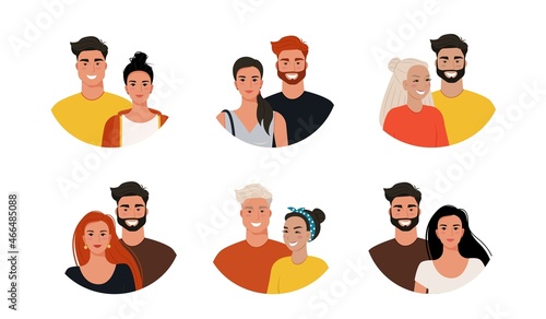 Young couple in flat style set. Women and men are different families. Vector illustration.