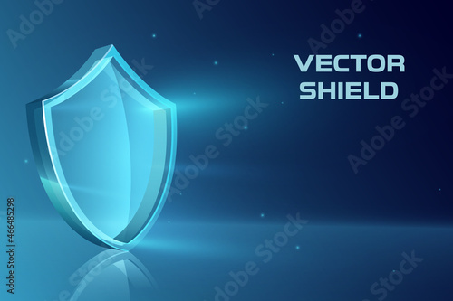 Vector illustration of shiny glass shield with glowing effect on abstract blue backgrounds