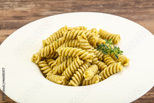 Italian pasta Fusilli with pesto