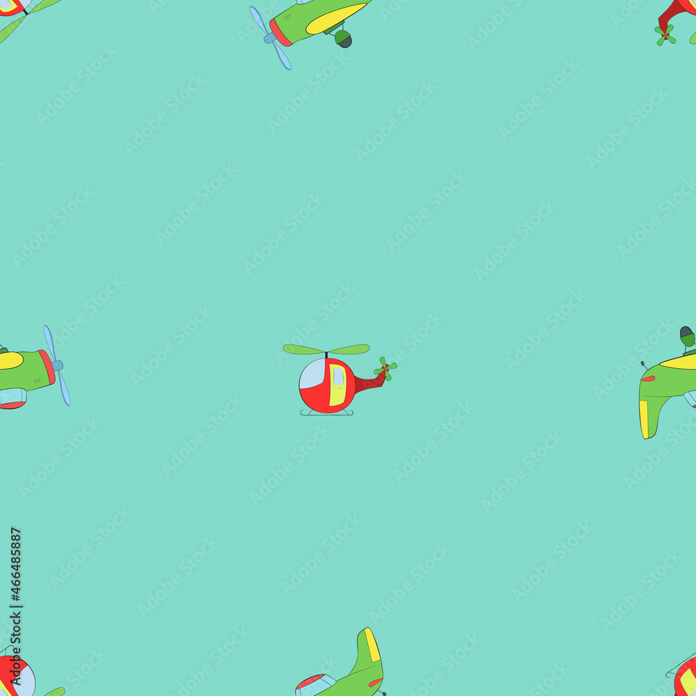 A jpeg pattern illustration of toy helicopters and airplanes on light turquoise background. Designed in different colors for web concepts, prints, wraps, wallpapers, backgrounds, templates.