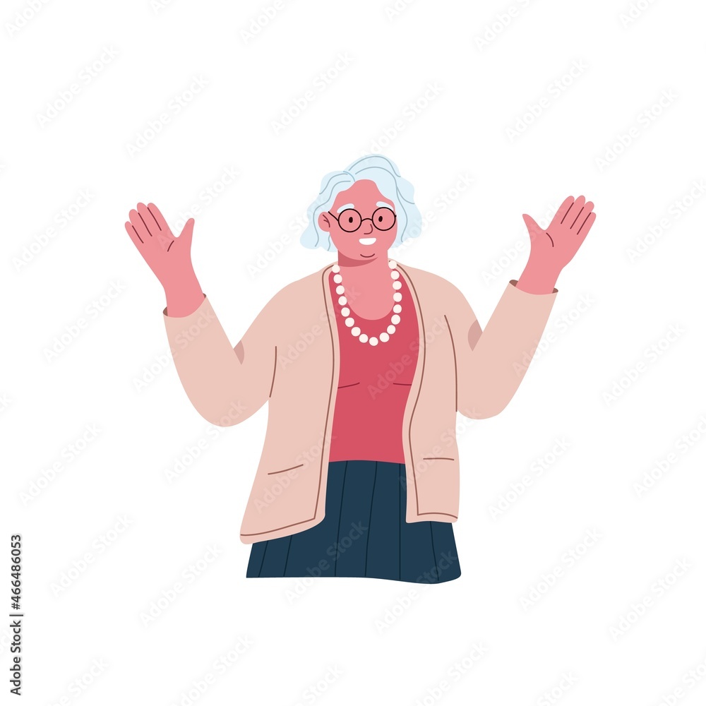 Happy woman of senior age gesturing with hands, greeting and welcoming smb. with smile and joy. Positive granny. Joyful emotional grandmother. Flat vector illustration isolated on white background Happy woman of senior age gesturing with hands, greeting and welcoming smb. with smile and joy. Positive granny. Joyful emotional grandmother. Flat vector illustration isolated on white background