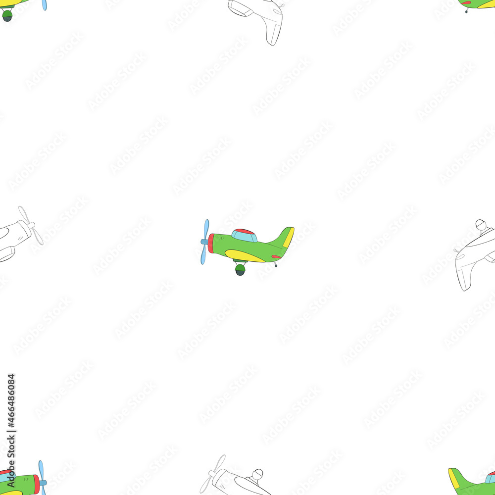 A seamless vector pattern of toy airplanes on transparent background. Designed in different colors for web concepts, prints, wraps, wallpapers, backgrounds, templates.