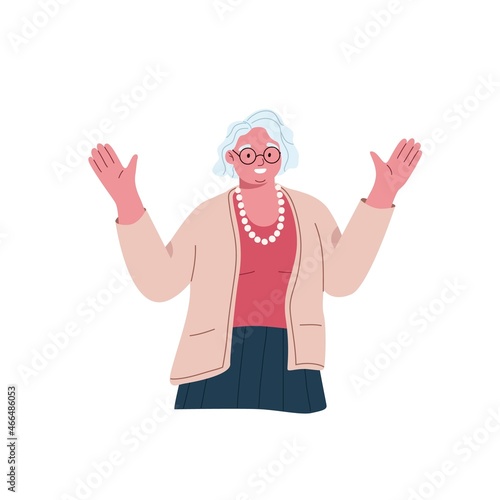 Happy woman of senior age gesturing with hands, greeting and welcoming smb. with smile and joy. Positive granny. Joyful emotional grandmother. Flat vector illustration isolated on white background