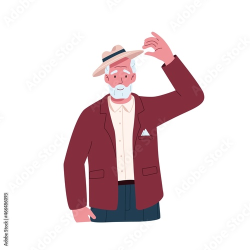 Man of senior age greeting smb. with hat tip, elegant hi gesture. Old person smiling and raising his headwear with hand. Gentlemans portrait. Flat vector illustration isolated on white background