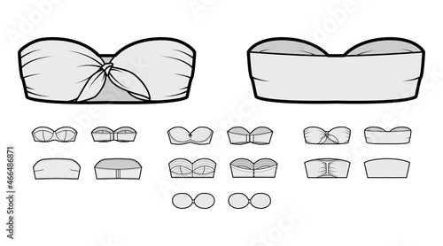 Set of strapless bra bandeau technical fashion illustration with fitted body, tube, sweetheart, neckline. Flat top swimwear lingerie apparel template front back white color. Women men underwear mockup
