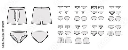 Set of underwear lingerie panties briefs technical fashion illustration with elastic waistband. Flat Trunk Underpants template front, back, grey color style. Women mens unisex swimsuit CAD mockup