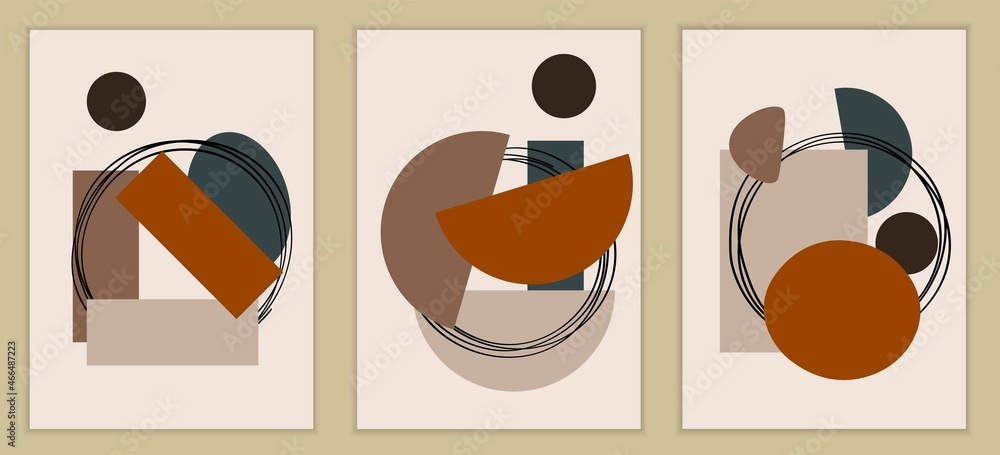 
Set of abstract posters in boho style. Modern geometric shapes of the elements. Design for wall art. Minimalistic illustrations for wall decoration. Vector