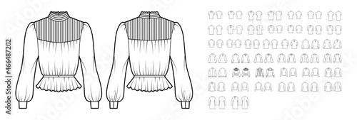 Set of blouses, tops, shirts technical fashion illustration with fitted oversized body, short elbow long sleeves. Flat apparel template front, back, white color style. Women, men, unisex CAD mockup