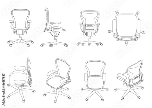 Set with the contours of a gaming chair from black lines isolated on a white background. Isometric view, side, top, front. Vector illustration