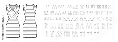 Set of evening Dresses wedding, trapeze, flared, mermaid technical fashion illustration with knee mini floor length skirt. Flat apparel front, back, white color style. Women men unisex CAD mockup