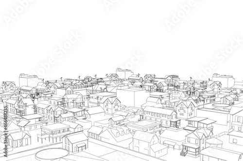 Outline of a quarter of a small town from black lines isolated on a white background. Vector illustration