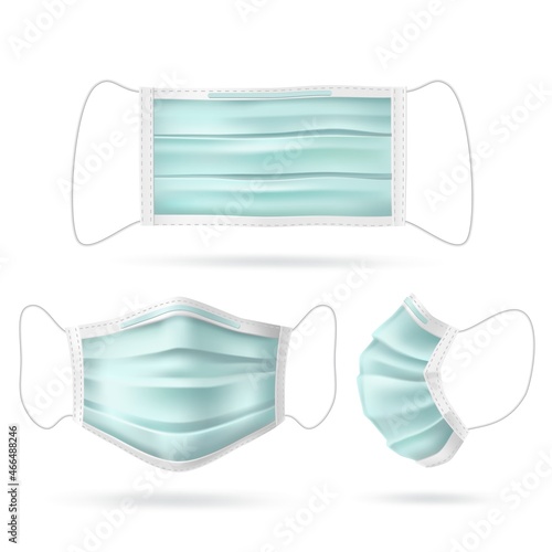 Realistic face mask. Surgical protective accessory. View from different angles on disposable healthy equipment. Infection risk prevention. Vector respiratory protection medical tools set
