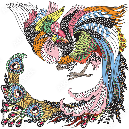 Chinese phoenix or Feng Huang Fenghuang mythological bird. One of celestial feng shui animals. Graphic style vector illustration