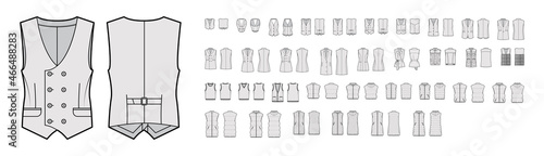 Slika na platnu Set of vests waistcoat technical fashion illustration with sleeveless, pockets, fitted oversized body