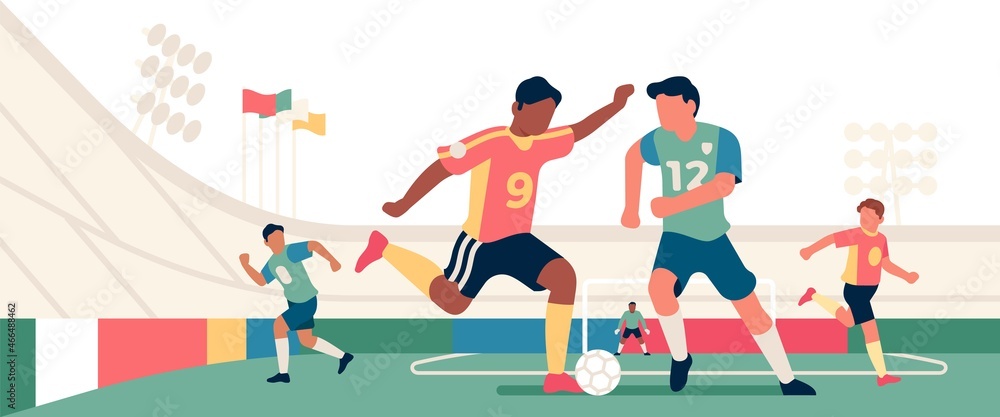 Soccer stadium players. Game with ball on football field. Struggle different teams. Sport match. Athletes competing. World cup. Sportsmen play together. Vector championship concept