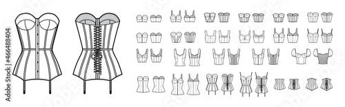 Fotografiet Set of corsets Bustier longline bra lingerie technical fashion illustration with molded cup, crop hip length