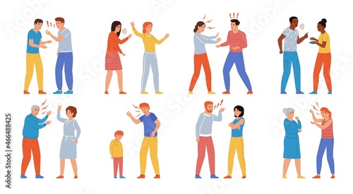 Quarrel people. Angry characters. Arguing and swearing. Conflict between couples and employees. Shouting contention. Screaming persons with aggressive gestures. Vector squabbles set