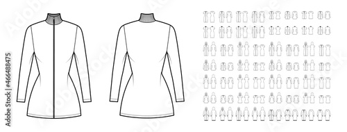 Set of sport Dresses technical fashion illustration with long short elbow sleeves, pouch, oversized fitted body, hoody collar. Flat apparel front, back, white color style. Women men, unisex CAD mockup