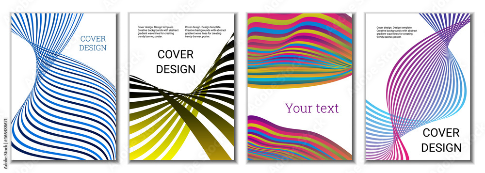 A set of 4 abstract covers. Wavy parallel gradient lines, ribbons evolve. Cover design, background. Trendy banner, poster. A set of 4 abstract covers. Wavy parallel gradient lines, ribbons evolve. Cover design, background. Trendy banner, poster.